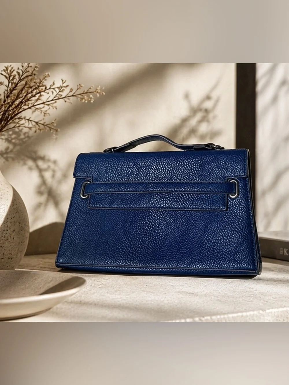 Navy Blue Pebbled Leather Top Handle Satchel